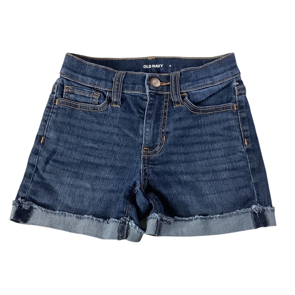 Old Navy Denim Shorts Girls 6 Blue Cuffed Raw Hem Summer Adjustable Waistband